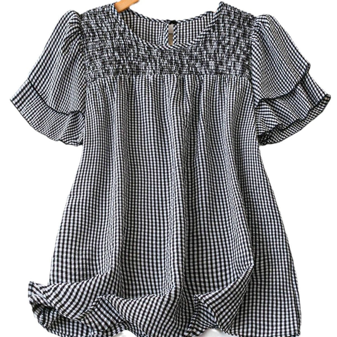 KRISTEL™ – Vintage Flowy Checkered Puff Sleeve Blouse