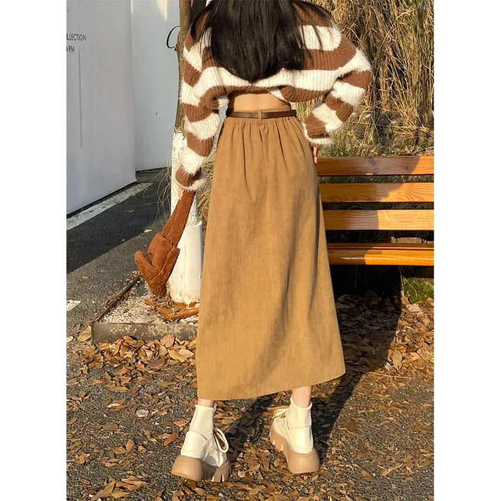ESTELLE™ – Classic Belt Corduroy Midi Skirt